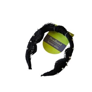 Mesh Black Lace Headband with Costume Pearl Embellishments